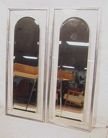 PR Glass and Chrome Framed Wall Mirrors. Arch Top: PR Glass and Chrome Framed Wall Mirrors. Arch Top beveled mirror in vertical frame. Milo Baughman style.-- Dimensions: H: 39.5 inches: W: 19.5 inches ---