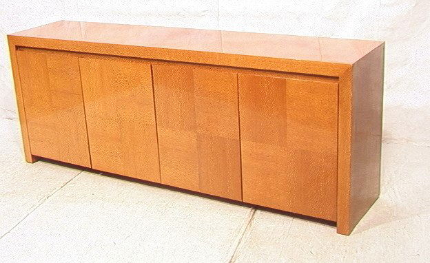 Custom Made Decorator Burl Wood Credenza Cabinet.: Custom Made Decorator Burl Wood Credenza Cabinet. Four door cabinet. lacquered finish light burl wood. -- Dimensions: H: 34 inches: D: 20 inches: L: 90 inches ---