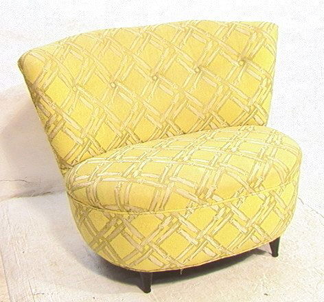 Yellow Lattice Fabric Upholstered Lounge Chair. G: Yellow Lattice Fabric Upholstered Lounge Chair. GILBERT ROHDE style. Short tapered peg legs. -- Dimensions: H: 28.5 inches: W: 39 inches: D: 31 inches ---