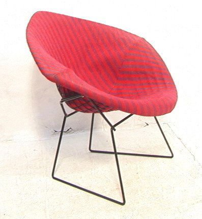 KNOLL Harry Bertoia Diamond Chair. Smaller versio: KNOLL Harry Bertoia Diamond Chair. Smaller version with black metal frame. Red and blue striped fabric shell. Marked.-- Dimensions: H: 30.5 inches: W: 34 inches: D: 31 inches ---