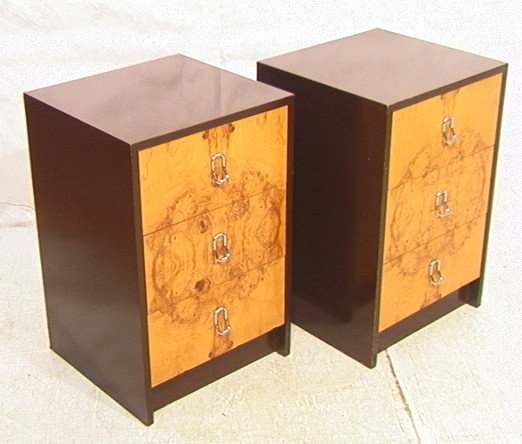 PR MILO BAUGHMAN Style Side Night Stand Cabinets.: PR MILO BAUGHMAN Style Side Night Stand Cabinets. Burl olive wood fronts with chrome pulls. Brown lacquer cabinets with three drawers. Unmarked.-- Dimensions: H: 28.5 inches: W: 18.75 inches: D: 18.5 