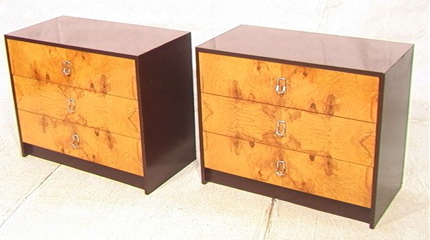 PR MILO BAUGHMAN Style Bachelor's Chests. Burl Ol: PR MILO BAUGHMAN Style Bachelor's Chests. Burl Olive wood fronts with chrome pulls. Brown lacquer cabinets with three drawers. Unmarked.-- Dimensions: H: 28.5 inches: W: 36 inches: D: 18.5 inches ---