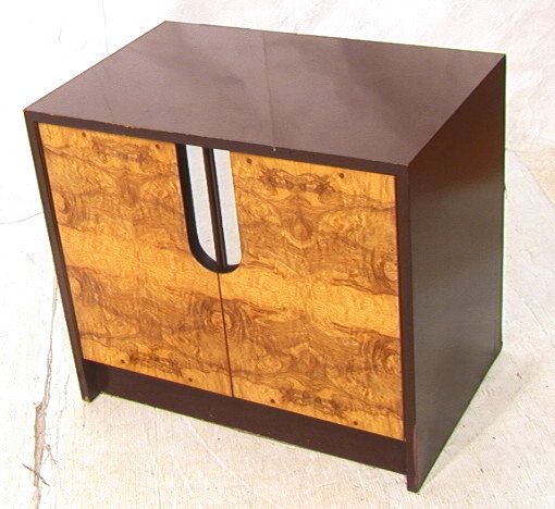 MILO BAUGHMAN Style Side Night Stand Cabinet. Bur: MILO BAUGHMAN Style Side Night Stand Cabinet. Burl olive wood front with chrome insert. Brown lacquer cabinet with two doors. Unmarked.-- Dimensions: H: 24.25 inches: W: 28 inches: D: 18 inches ---
