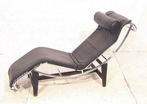 LE CORBUSIER Tubular Chrome Chaise Lounge. Black: LE CORBUSIER Tubular Chrome Chaise Lounge. Black leather. Made in Italy Label. -- Dimensions: H: 32 inches: W: 21 inches: L: 65 inches ---