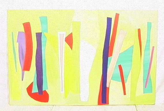 Large Modernist Collage Oil Painting A.D. SAILER.: Large Modernist Collage Oil Painting A.D. SAILER. Colorful applied canvas ribbon stripes on lime green background. Oil on canvas. Unsigned.-- Dimensions: H: 56.5 inches: L: 86.5 inches ---