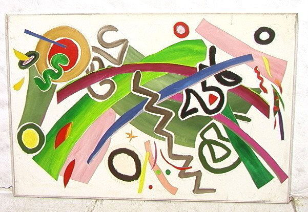 Large Modernist Collage Oil Painting A.D. SAILER.: Large Modernist Collage Oil Painting A.D. SAILER. Colorful applied ribbon stripes on white background. Oil on canvas. Not signed.-- Dimensions: H: 44.5 inches: L: 86.5 inches ---