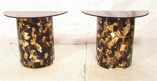 PR Patchwork Horn Demi Lune Tables. KARL SPRINGER: PR Patchwork Horn Demi Lune Tables. KARL SPRINGER style. Semi circle smoked glass tops. -- Dimensions: H: 28 inches: W: 35.5 inches: L: 16 inches ---