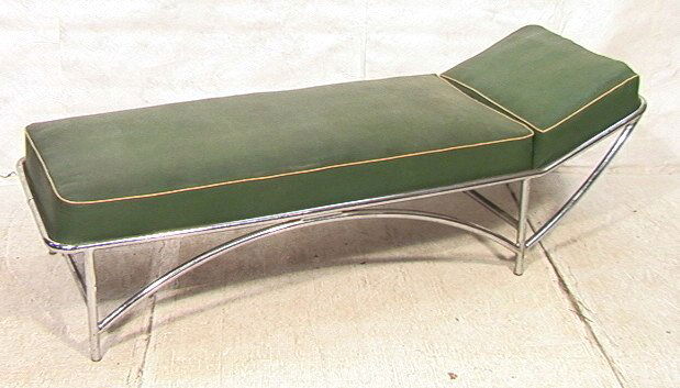 KEM WEBER Chrome Frame Chaise Lounge. Tubular Chr: KEM WEBER Chrome Frame Chaise Lounge. Tubular Chrome frame with arched sides. Green vinyl upholstery. Marked. -- Dimensions: H: 24 inches: W: 26.5 inches: L: 72 inches ---