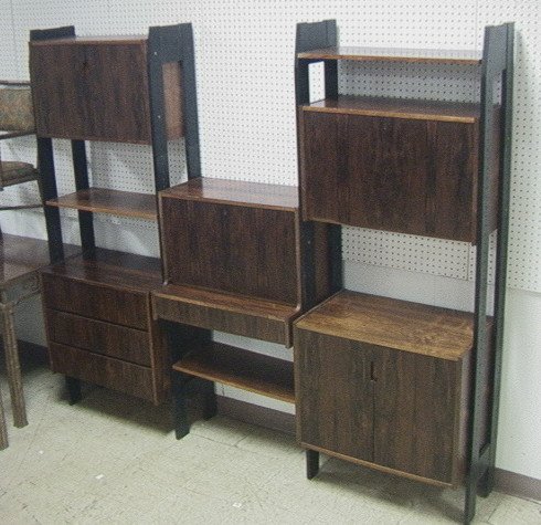 Rosewood 3 Section Bookcase Wall Cabinet Shelf.: Rosewood 3 Section Bookcase Wall Cabinet Shelf. Rosewood cabinets with ebonized uprights.-- Dimensions: H: 72.5 inches: W: 84 inches: D: 16 inches ---
