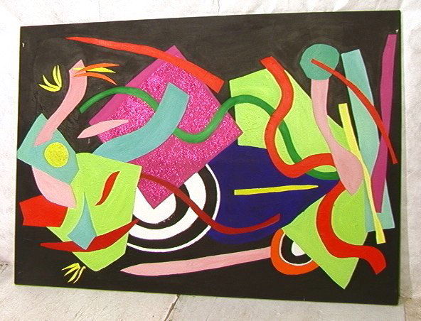 Large A. D. Sailer Collage Oil Painting on Canvas: Large A. D. Sailer Collage Oil Painting on Canvas. Multicolor on black background. Unsigned.-- Dimensions: H: 60 inches: W: 87 inches ---