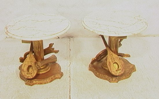 Pr Gilt Wood and Marble Side Tables with Musical: Pr Gilt Wood and Marble Side Tables with Musical instruments on bases.. Italian.-- Dimensions: H: 17 inches: W: 19.5 inches ---