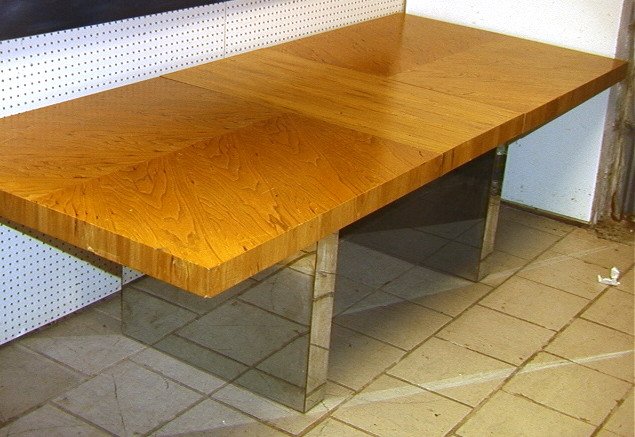 Milo Baughman Dining Table. Chrome base. Two le: Milo Baughman Dining Table. Chrome base. Two leaves.-- Dimensions: H: 28 inches: W: 78.5 inches: D: 40 inches ---