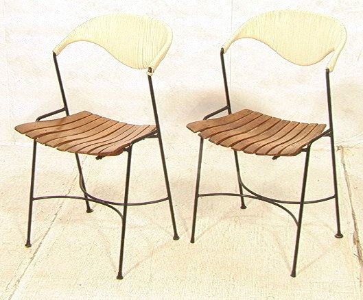Pr Arthur Umanoff Chairs. Woven backs and Slat S: Pr Arthur Umanoff Chairs. Woven backs and Slat Seats. Hairpin iron.-- Dimensions: H: 33 inches: W: 18 inches: D: 19 inches ---