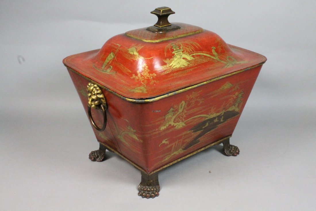 French Japaned Toleware Coal Bin Scuttle. Lion h: French Japaned Toleware Coal Bin Scuttle. Lion handles and paw feet. Tole Ware. 17.5-- Dimensions: H: 17 inches: W: 17.5 inches: D: 14.5 inches ---