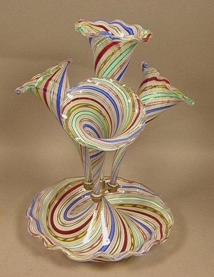 Fancy Venetian Glass Murano Epergne. Unmarked.: Fancy Venetian Glass Murano Epergne. Unmarked. Latticino swirl design. Ruffled edge.-- Dimensions: H: 16 inches: W: 10.5 inches ---