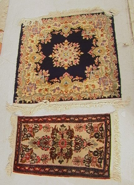 2pcs Carpets Square Kirman and small throw.: 2pcs Carpets Square Kirman and small throw.-- Dimensions: H: 37 inches: W: 35 inches ---