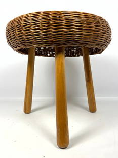 Tony Paul Woven Rattan Tripod Base Stool.: Tony Paul Woven Rattan Tripod Base Stool. Dimensions: Height: 15.5 inches, Width: 17 inches, Depth: 17 inches. --- US Packing and Shipping charge: In house shipping available. Will be calculated once