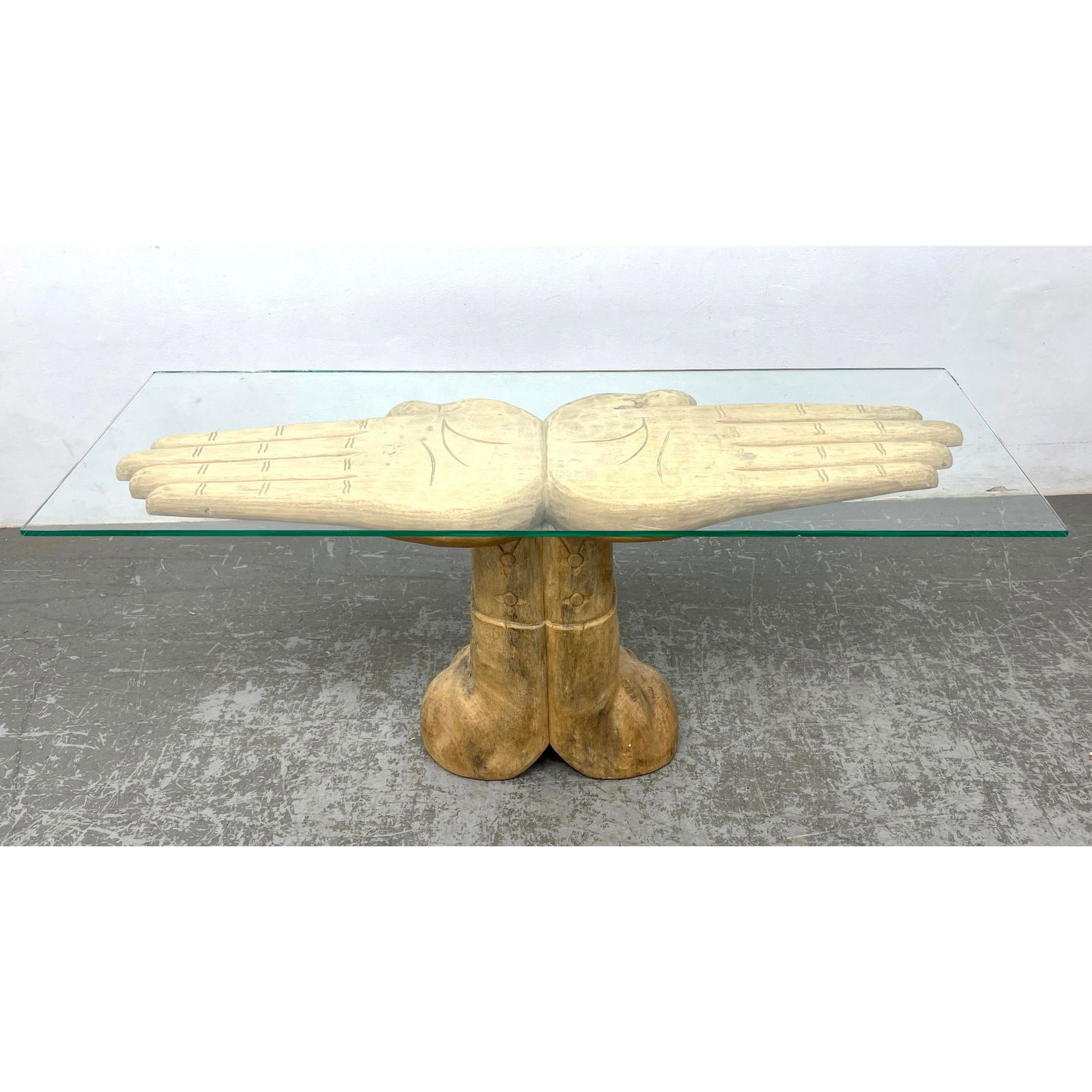 Rustic Double Hand Pedestal Console Table. Carved wood. Friedeberg inspired. (1 of 7)