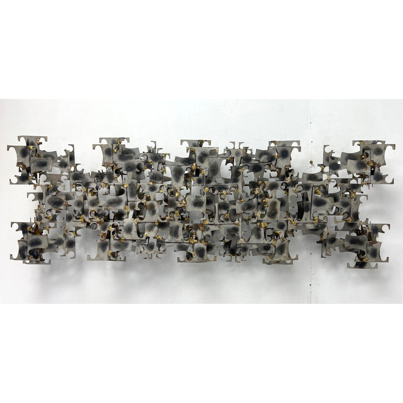 Large Marc Creates Wall Sculpture. Brutalist Design. Label.: Large Marc Creates Wall Sculpture. Brutalist Design. Label. Dimensions: Height: 17.5 inches, Width: 48 inches, Depth: 5.5 inches. --- - We offer curbside delivery for most items to NYC, Manhattan, Clo