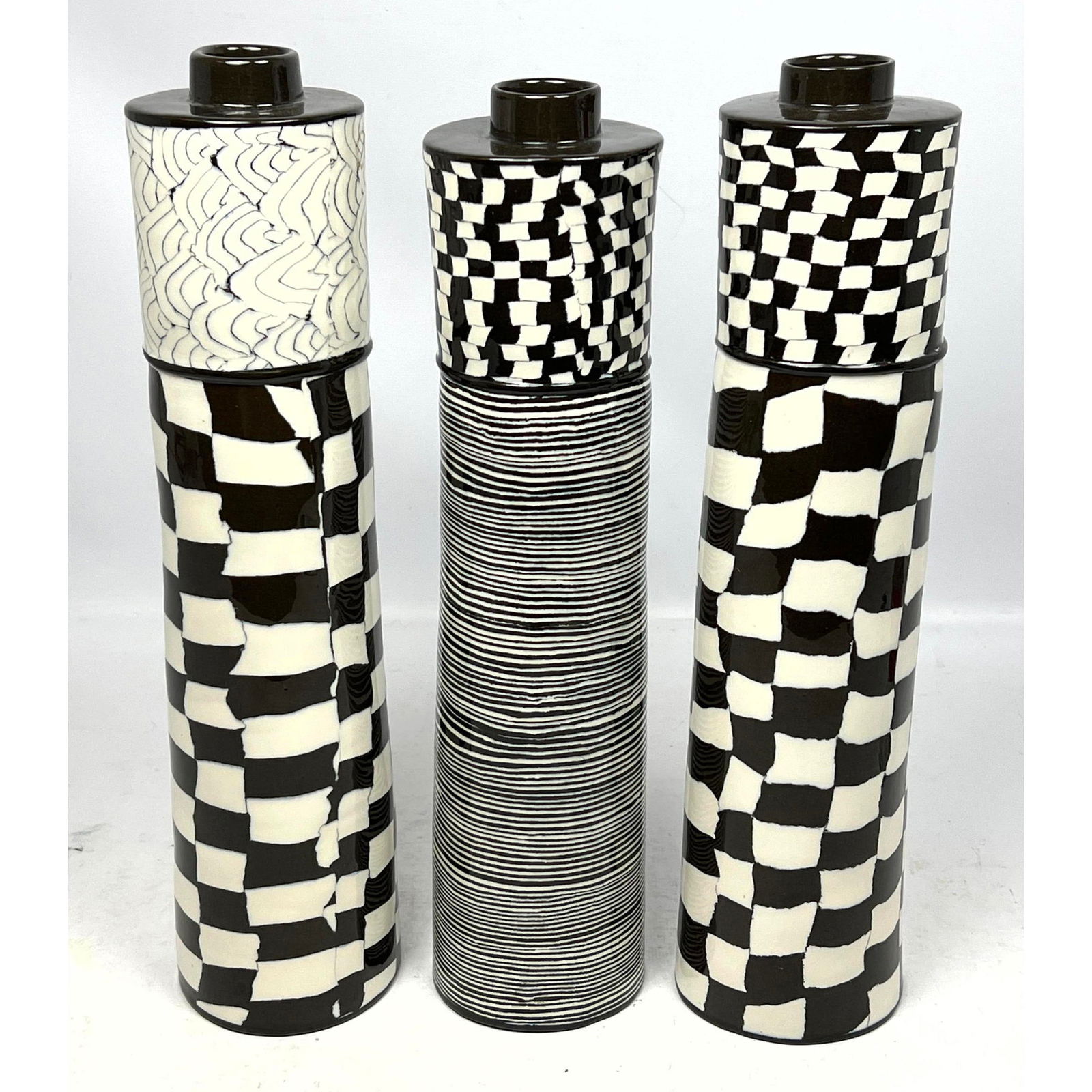 3pc Signed FORER Nerikomi Black and White Porcelain Cylinder vases. (1 of 12)
