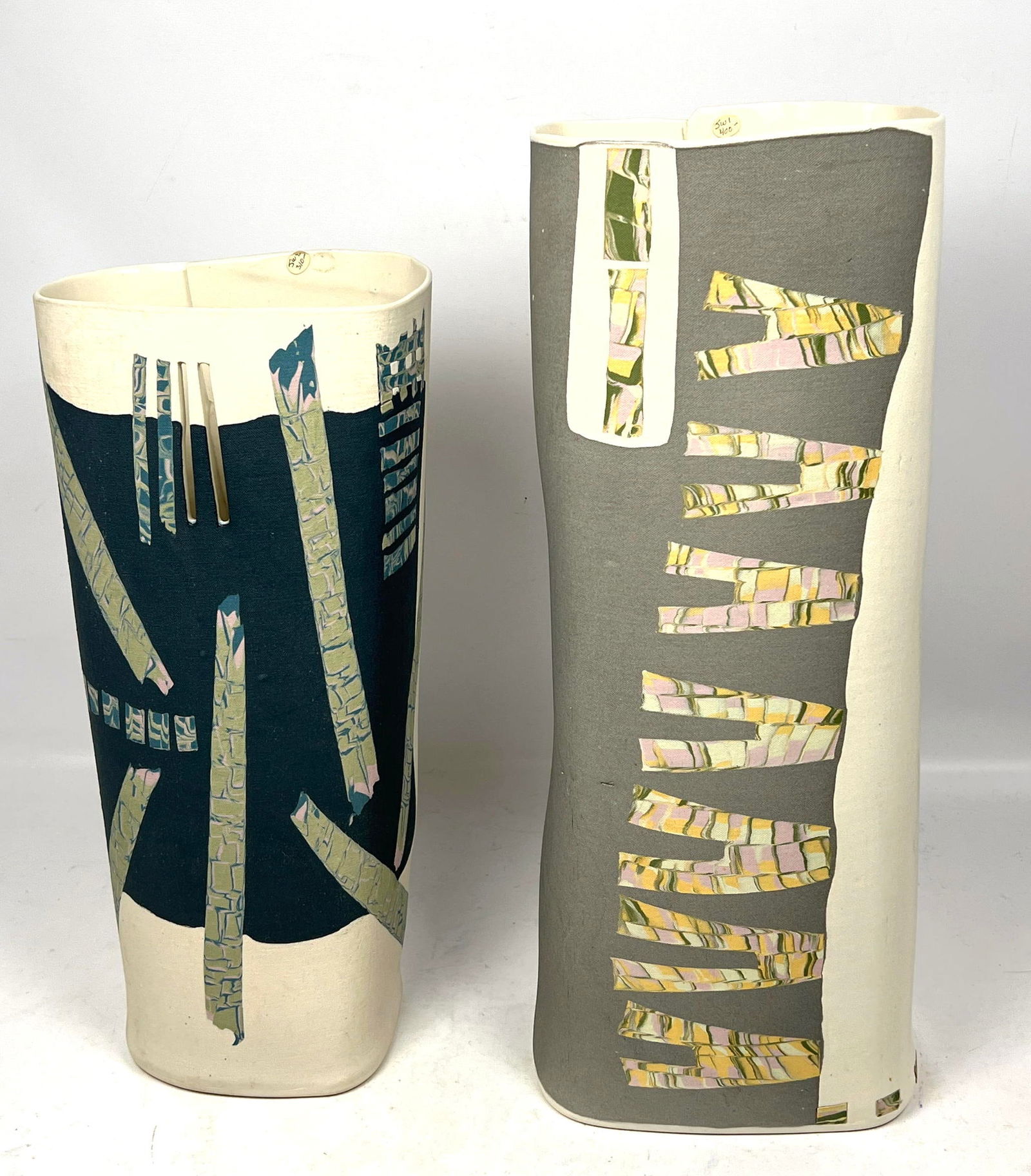 2pc Tobias Weissman Tall Glazed Inlaid Clay Handmade Vase Signed. Porcelain. 82 (1 of 16)