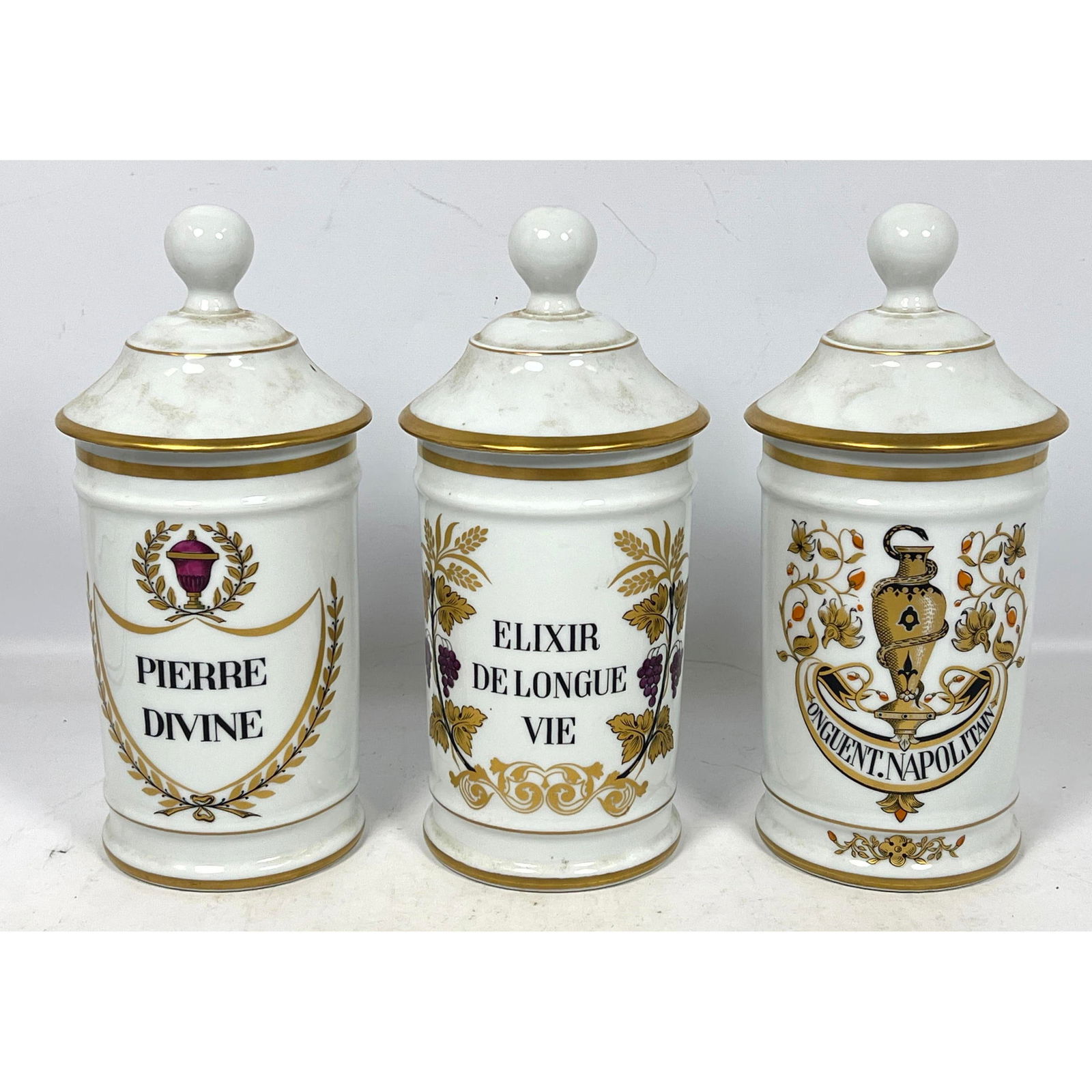 Set 3 Limoges Au Pot De Gallien Porcelain covered Apothecary Jars. Pierre Devine, Elixer DeLongue Vi (1 of 14)
