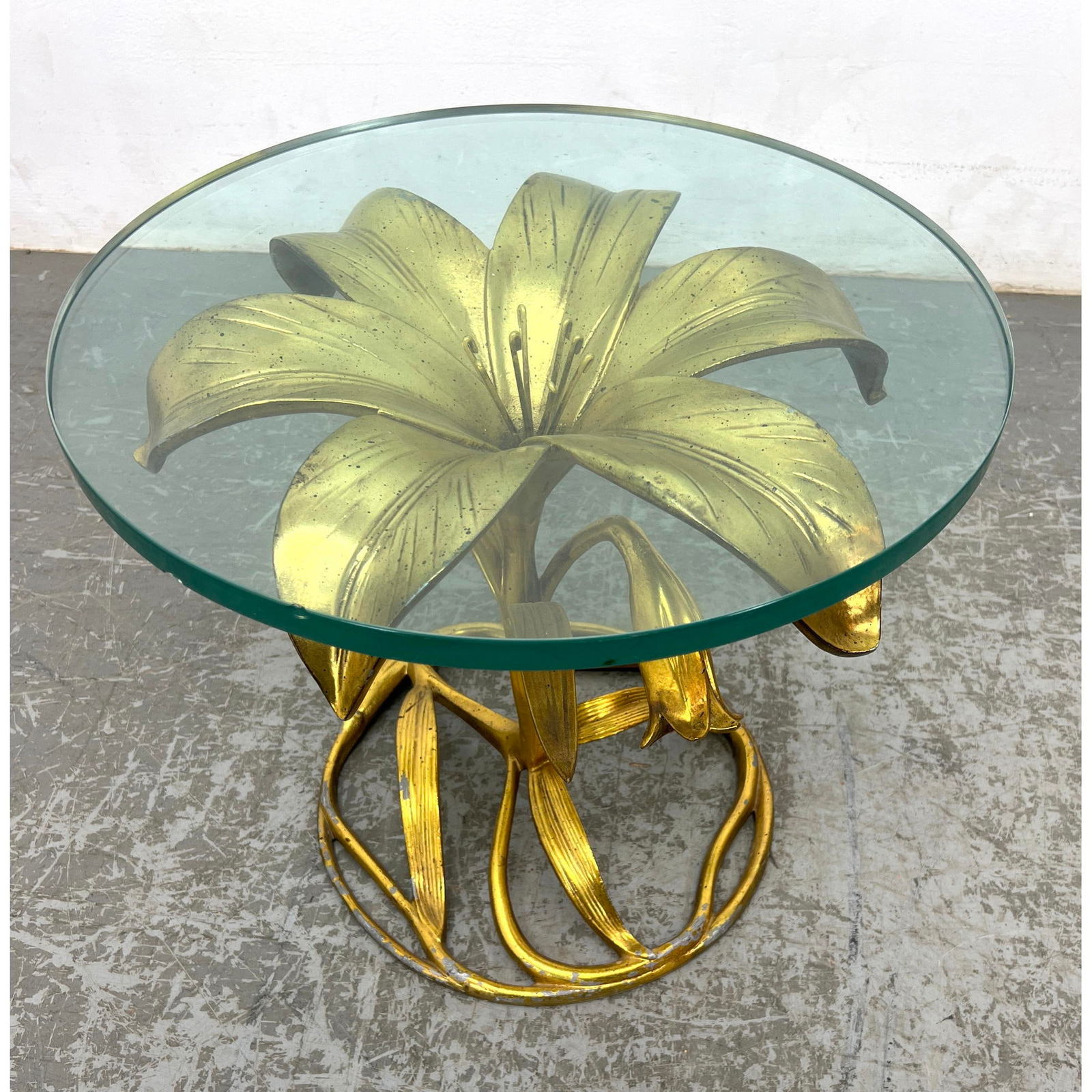 ARTHUR COURT Gilt Metal Lily Figural Table. Glass Top End Side Table. Modernist. (1 of 7)