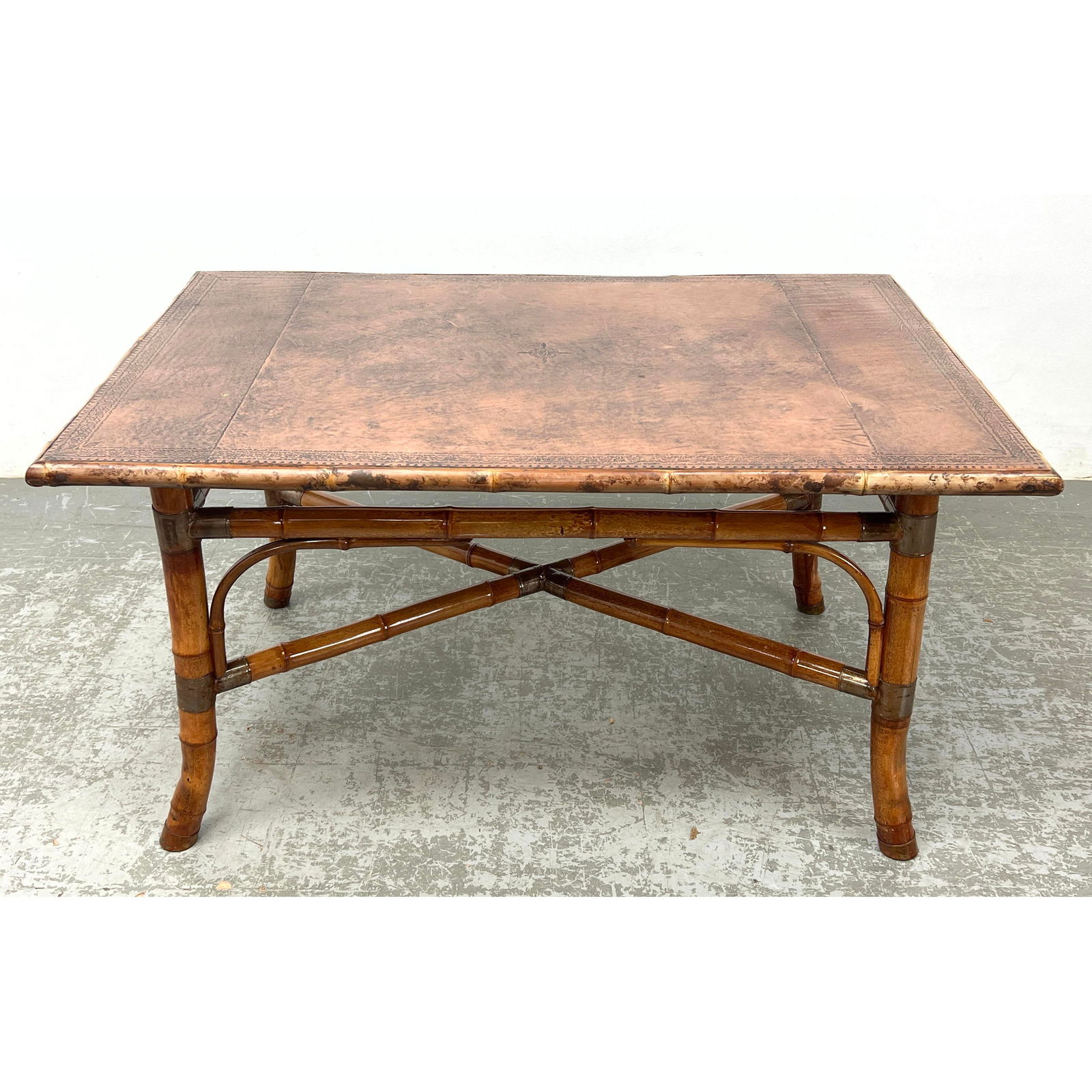 Bamboo and Tooled Leather Dining Table. Metal Accents. (1 of 13)