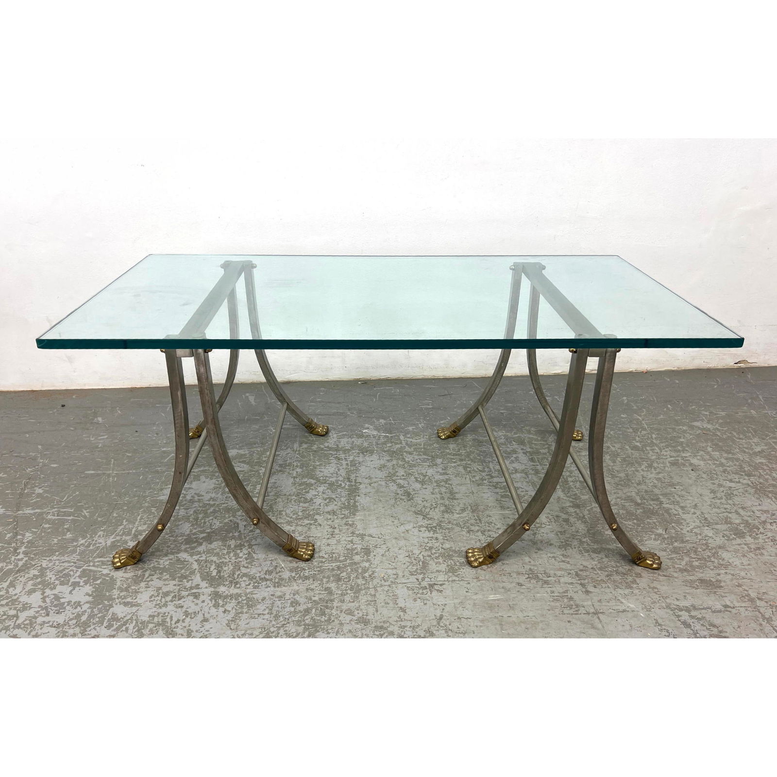 Regency style glass top table. Steel and Brass saw horse style legs. Jansen style. (1 of 6)