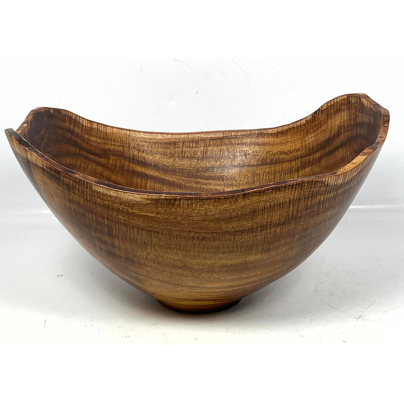 WESLEY BUSCHER Hand Turned Koa Wood Footed Bowl. Freeform Artisan Studio Bowl. Signed.: WESLEY BUSCHER Hand Turned Koa Wood Footed Bowl. Freeform Artisan Studio Bowl. Signed. Dimensions: Height: 8 inches, Width: 17 inches, Depth: 15 inches. --- - We offer curbside delivery for most items