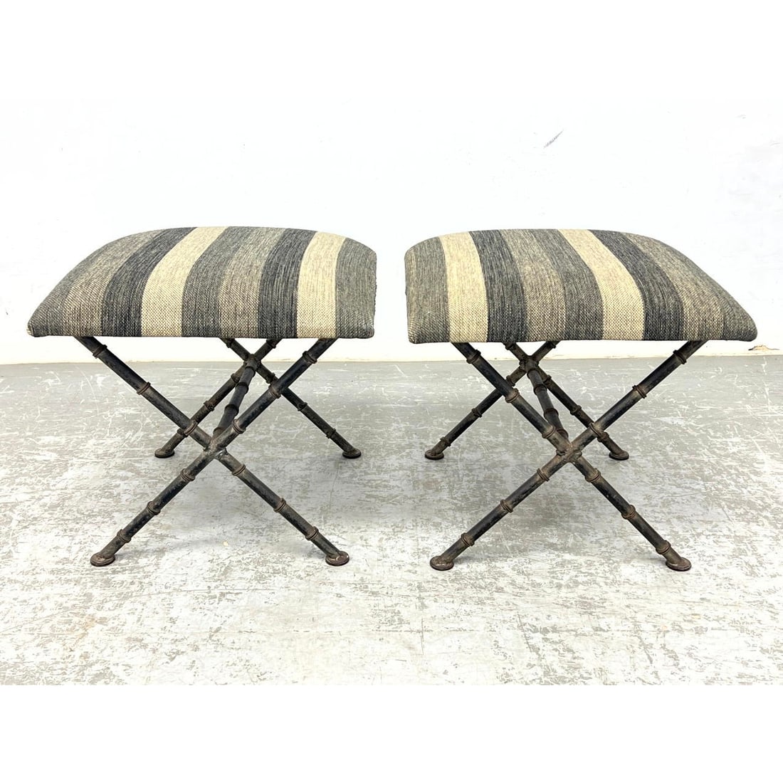 Pair Iron X base benches with Faux Bamboo legs. Tagged with NY maker. (1 of 10)