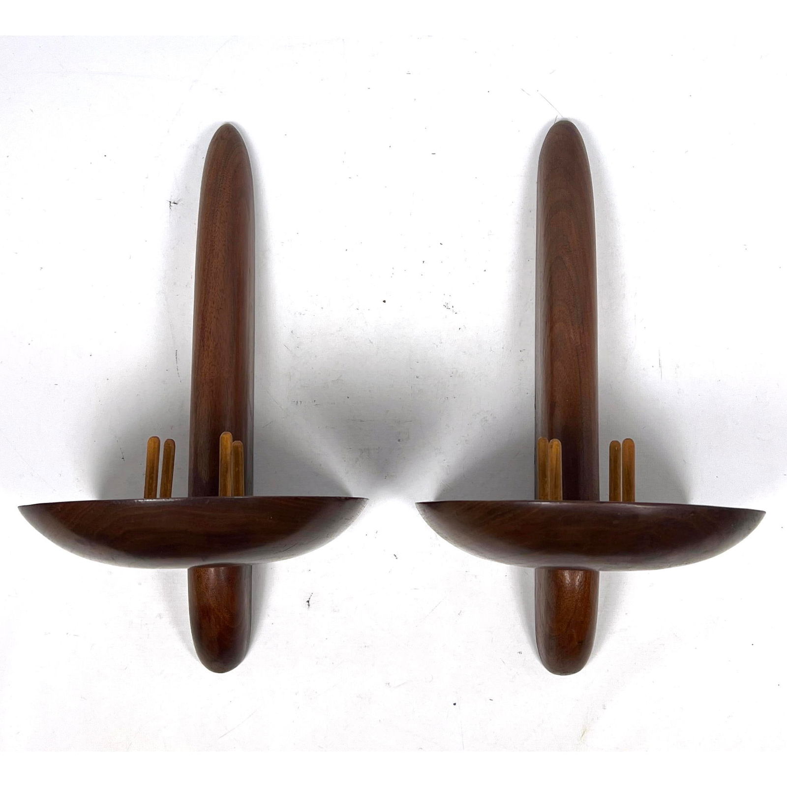 Pair TOM PFEFFER Walnut Midcentury Wall Hanging candlesticks. Dated 1958 (1 of 10)