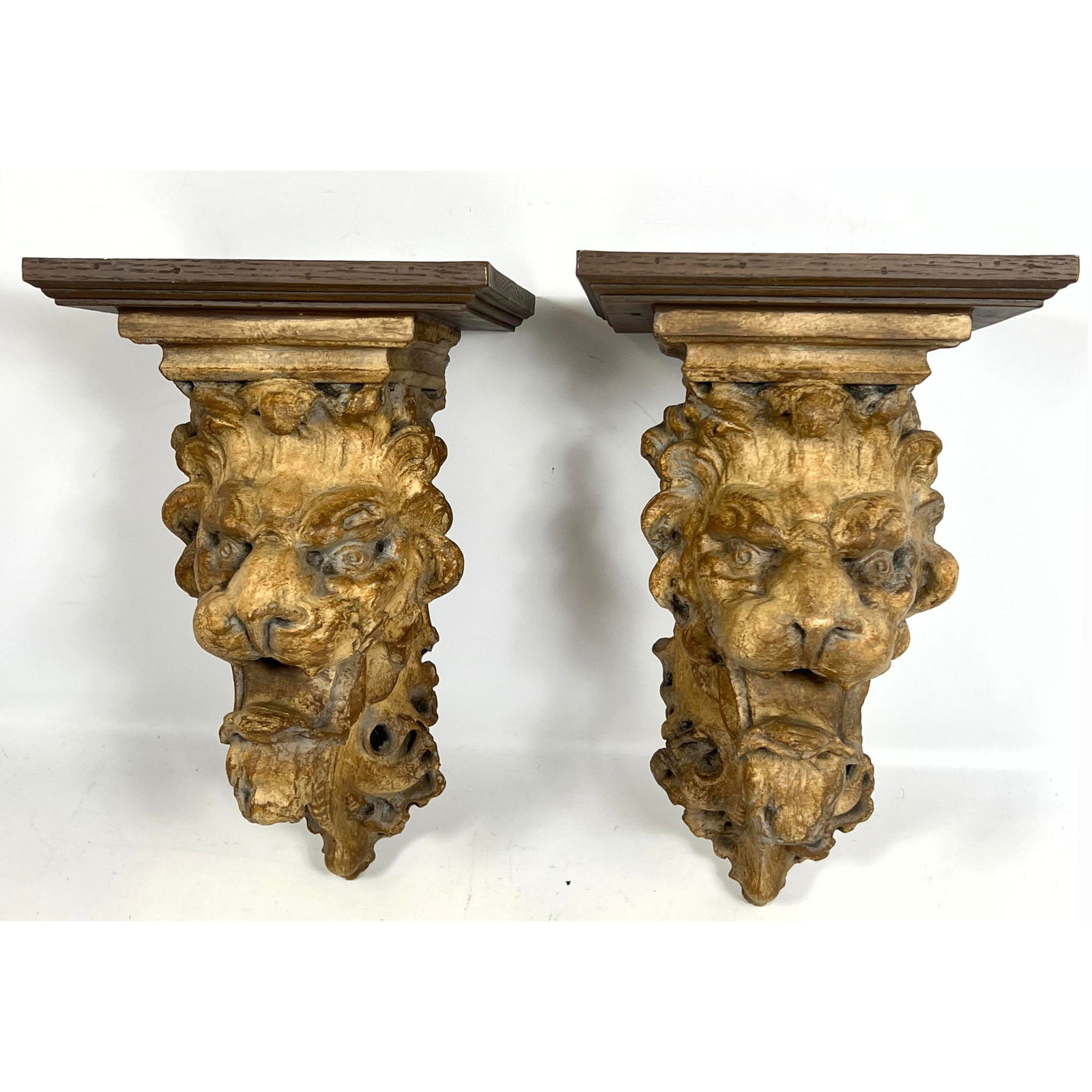 Pair wood and Composition Gothic Lion Head Wall Bracket Shelves. (1 of 8)