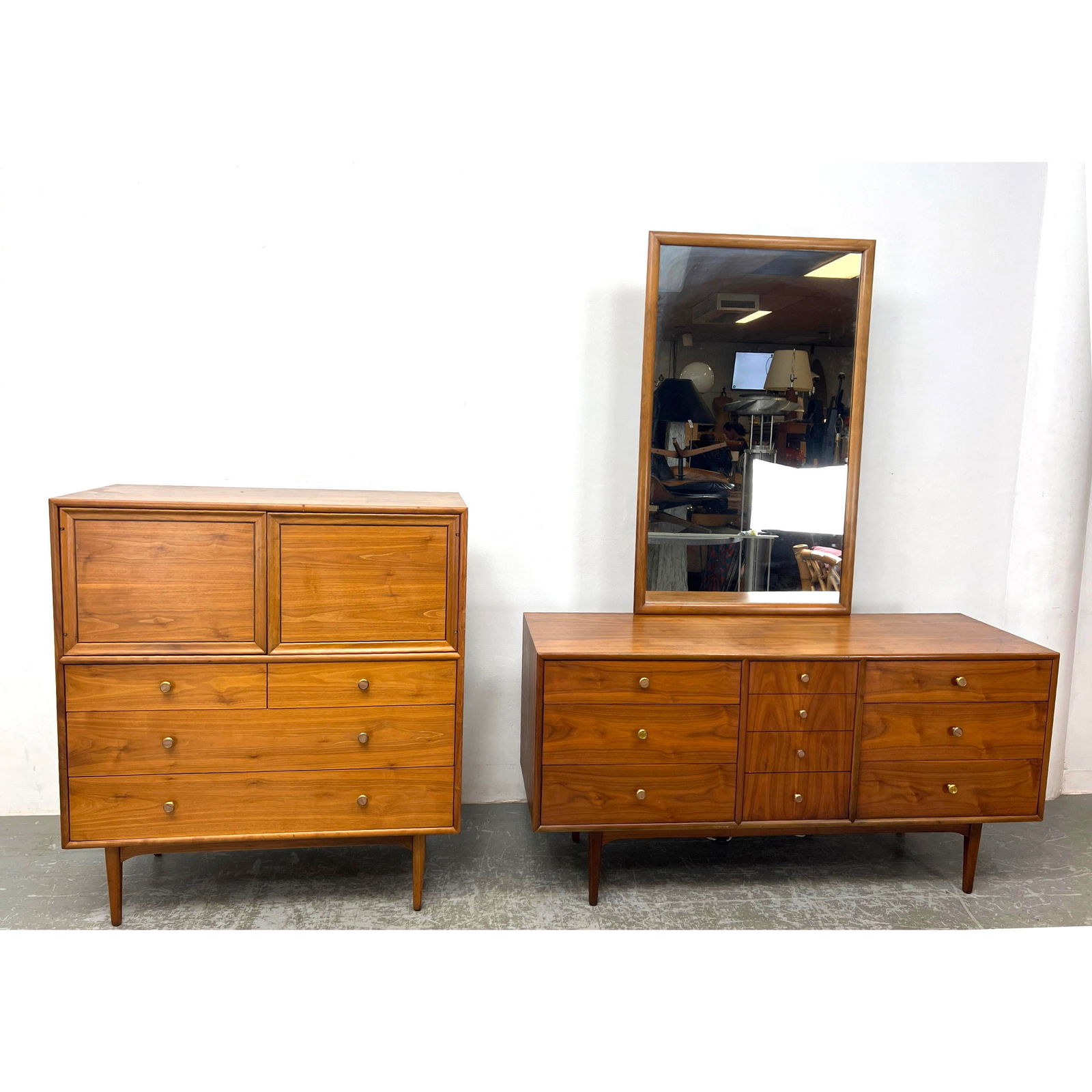 3pc DREXEL Kipp Stewart American Modern Walnut Bedroom Set. Tall chest and Low Dresser. Mirror. Decl (1 of 20)