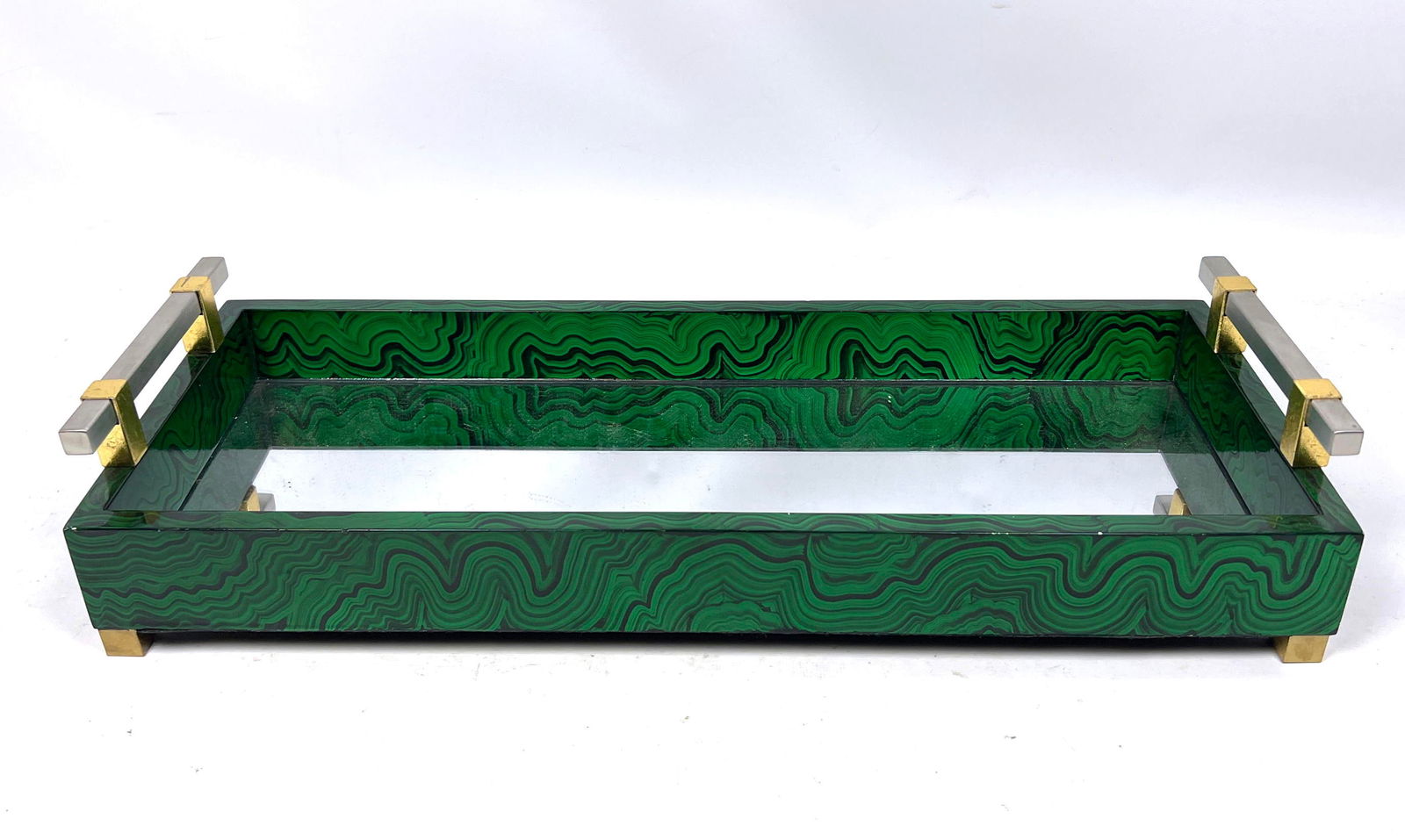 John Richard Faux malachite mirrored tray. Handled tray. (1 of 11)