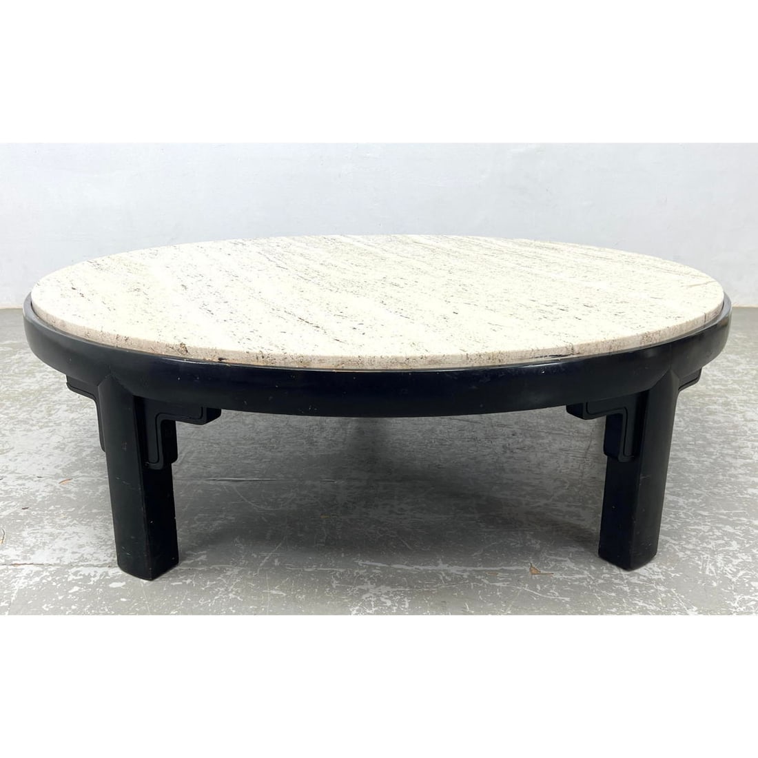 Dunbar style round cocktail table with travertine top. Unmarked. (1 of 8)