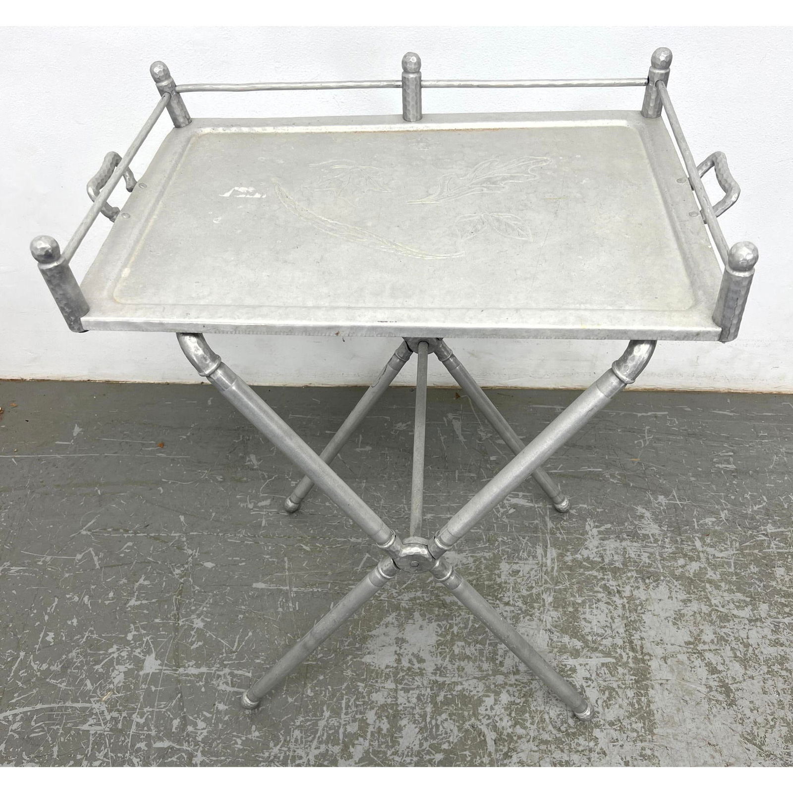 Vintage Aluminum folding Tray Cocktail table. X base. Removable tray. Hand Forged. (1 of 9)
