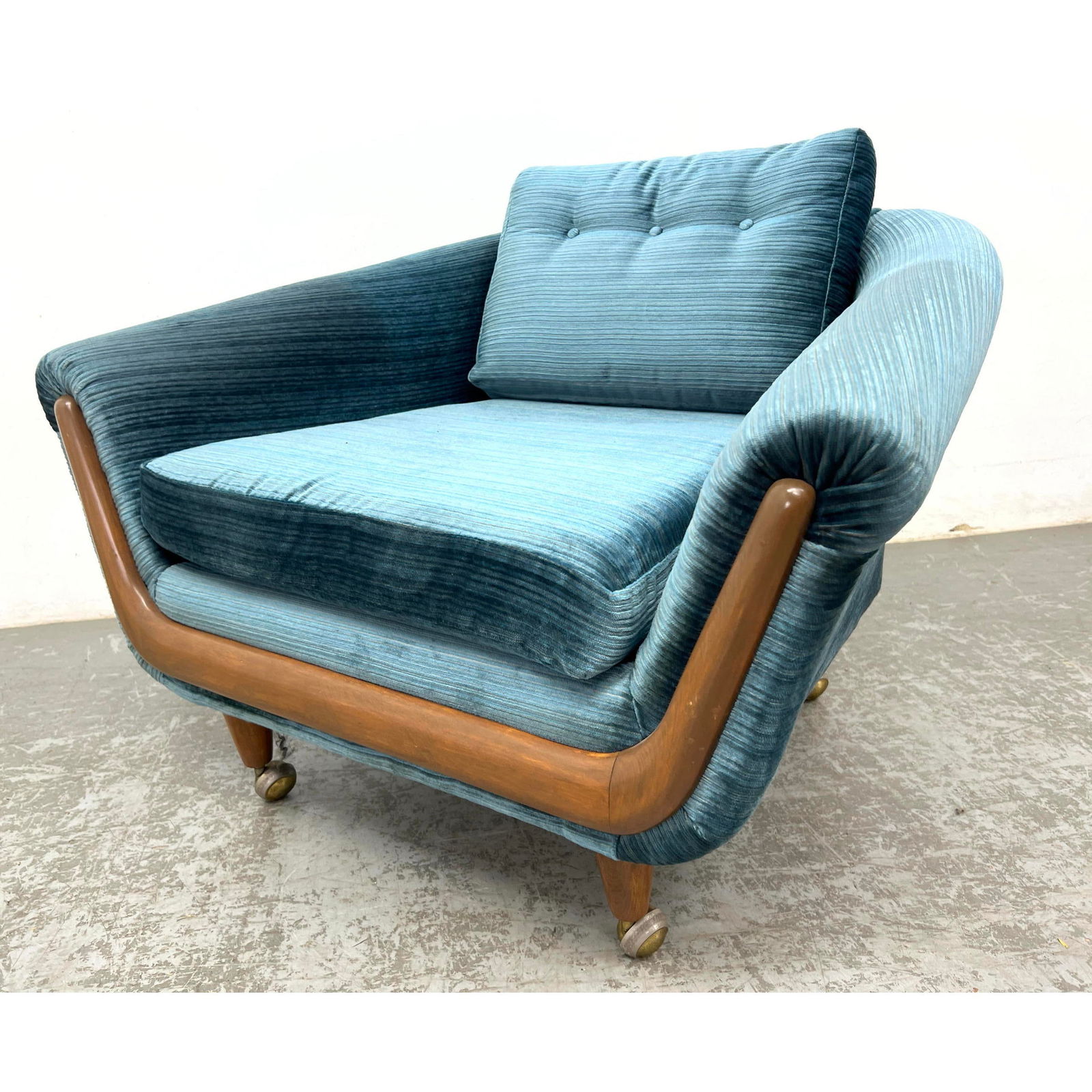 ADRIAN PEARSALL Modernist Lounge Chair. Visible Wood Details to Front. Casters on Tapered Wood Legs.: ADRIAN PEARSALL Modernist Lounge Chair. Visible Wood Details to Front. Casters on Tapered Wood Legs. Dimensions: Height: 26 inches, Width: 36 inches, Depth: 31 inches. - Seat Height: 16 inches --- - W