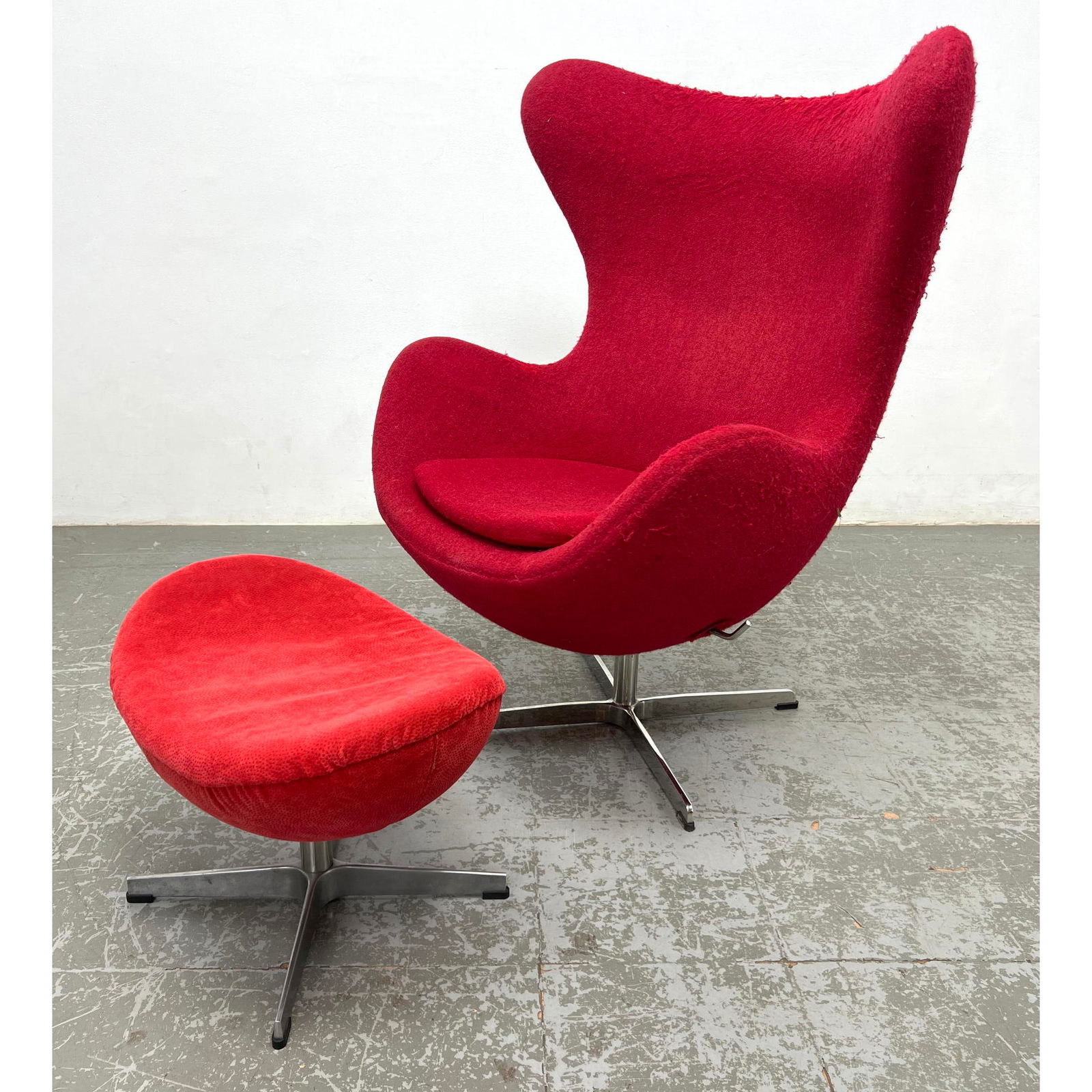 2pc Fritz Hansen style Egg Lounge Chair and Ottoman. Red Upholstery on Pedestal Bases. different fab (1 of 14)