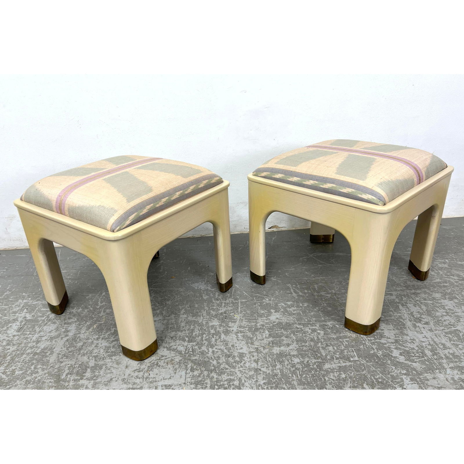 Pair Vintage Pace Style Stools, Upholstered tops. Brass bound feet. (1 of 10)