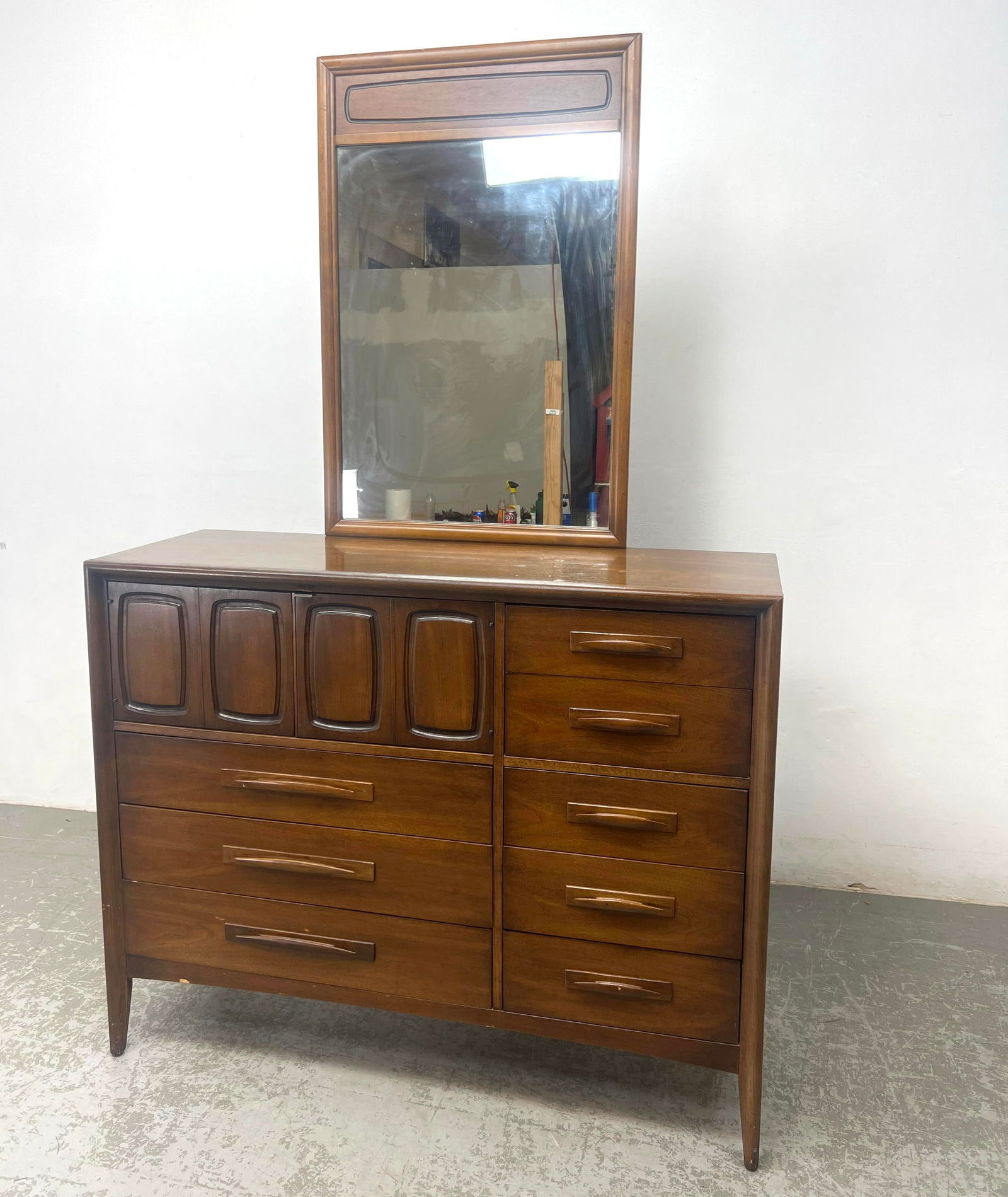 Mid Century Modern Broyhill Emphasis Magna Highboy Walnut Dresser with Wall Mirror (1 of 10)