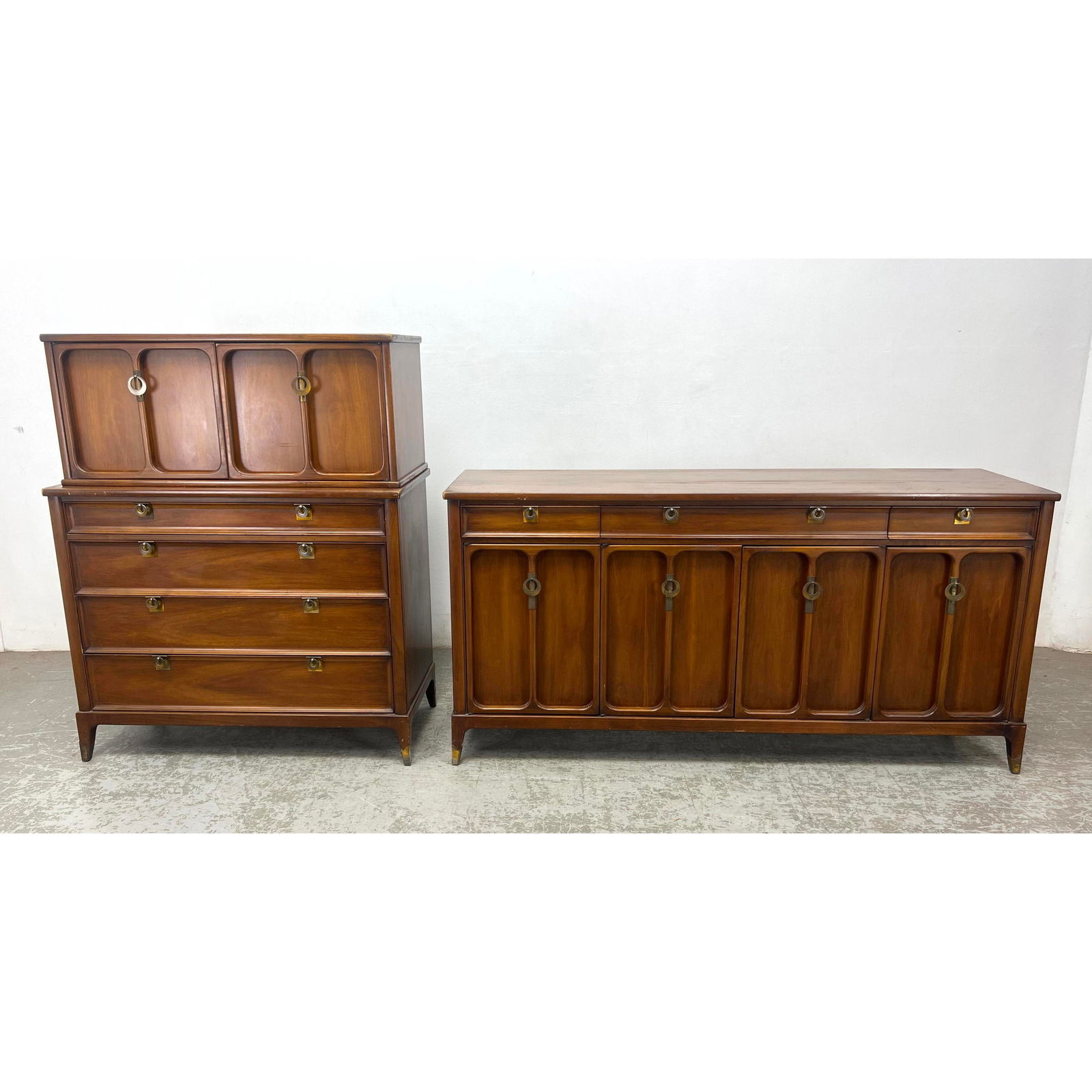 2pc DETROIT American Modern Walnut Bedroom Set. Tall and Low Dressers. Chest of Drawers. Metal Ring (1 of 15)