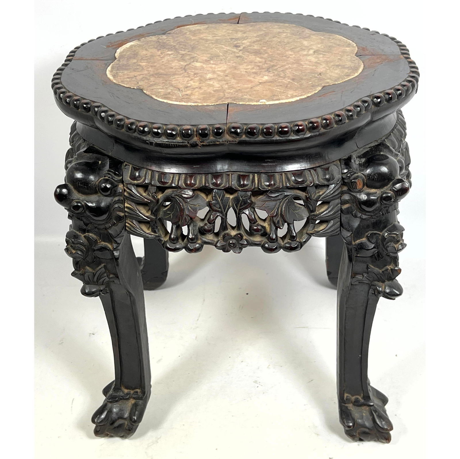 Vintage Carved Chinese Marble Top Side Table. Decorative carved frame on carved ball and claw foot. (1 of 12)