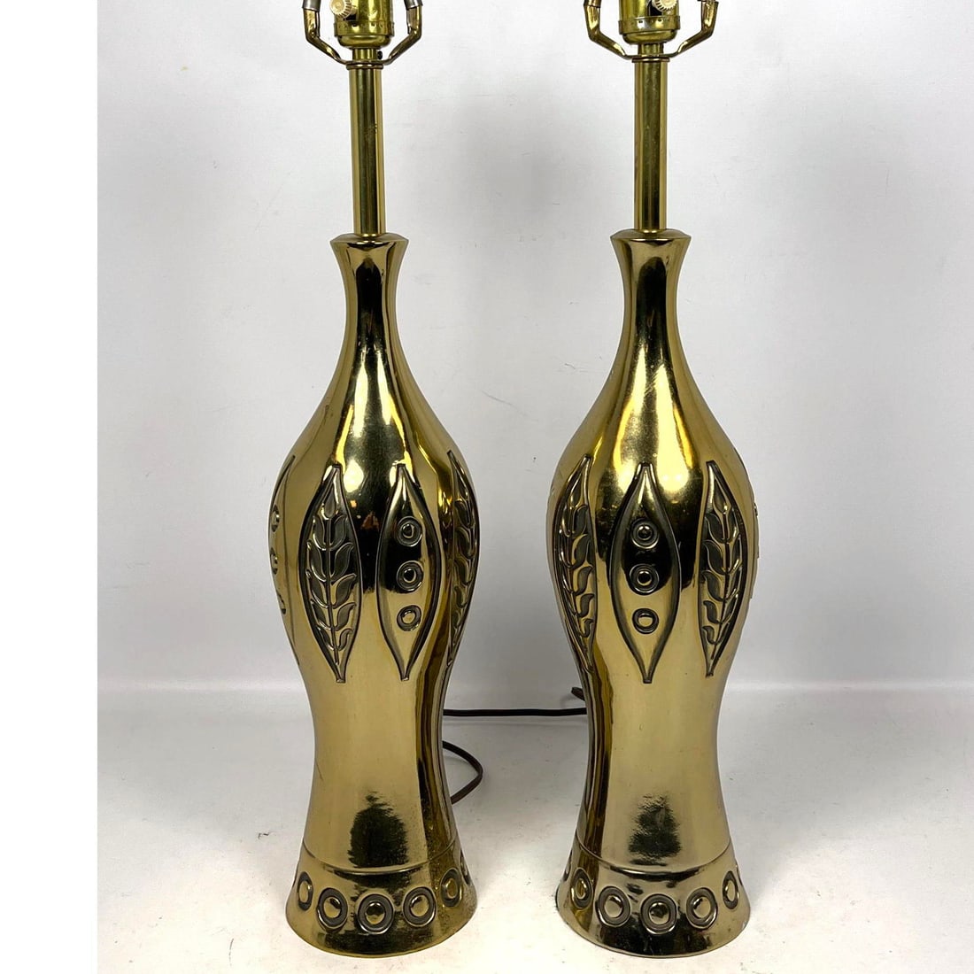 Westwood Lighting, Brass Plated Sculptural Lamps with incised Leaf Pattern: Westwood Lighting, Brass Plated Sculptural Lamps with incised Leaf Pattern Dimensions: Height: 29 inches, Width: 5 inches, Depth: 5 inches. --- US Packing and Shipping charge: In house shipping availa