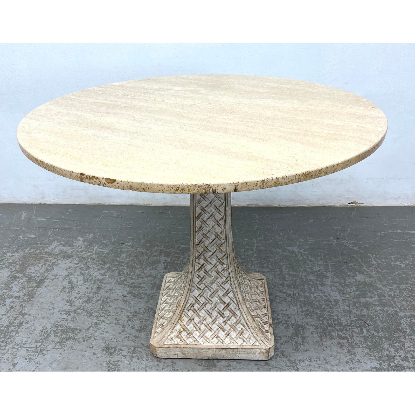 Travertine Marble Top Pedestal Base Dining Table. Carved Wood Lattice Design Pedestal; White washed (1 of 6)