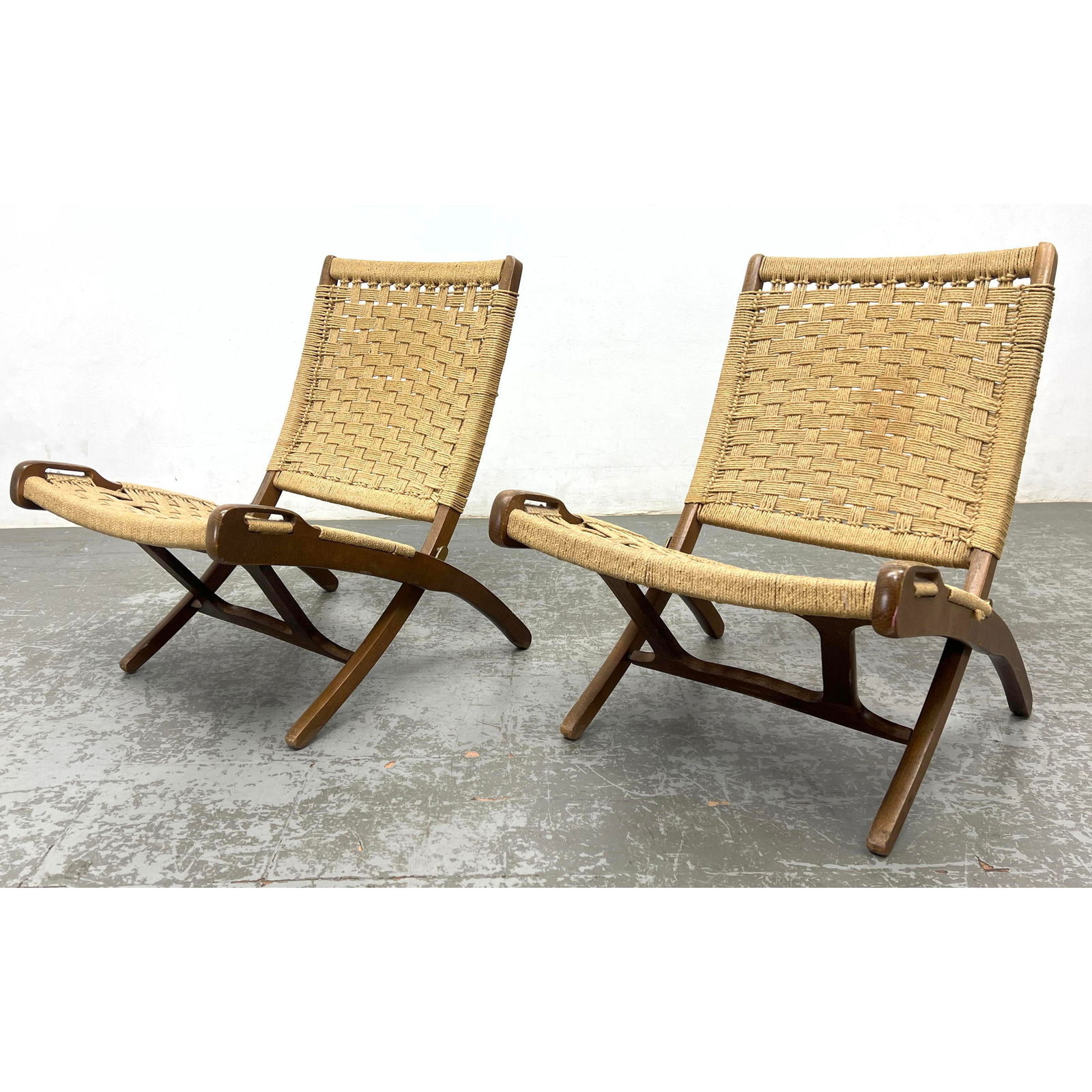 Pr Hans Wegner style Woven Rush Folding Lounge Chairs. Wood Frames with Scissors style Legs. (1 of 13)