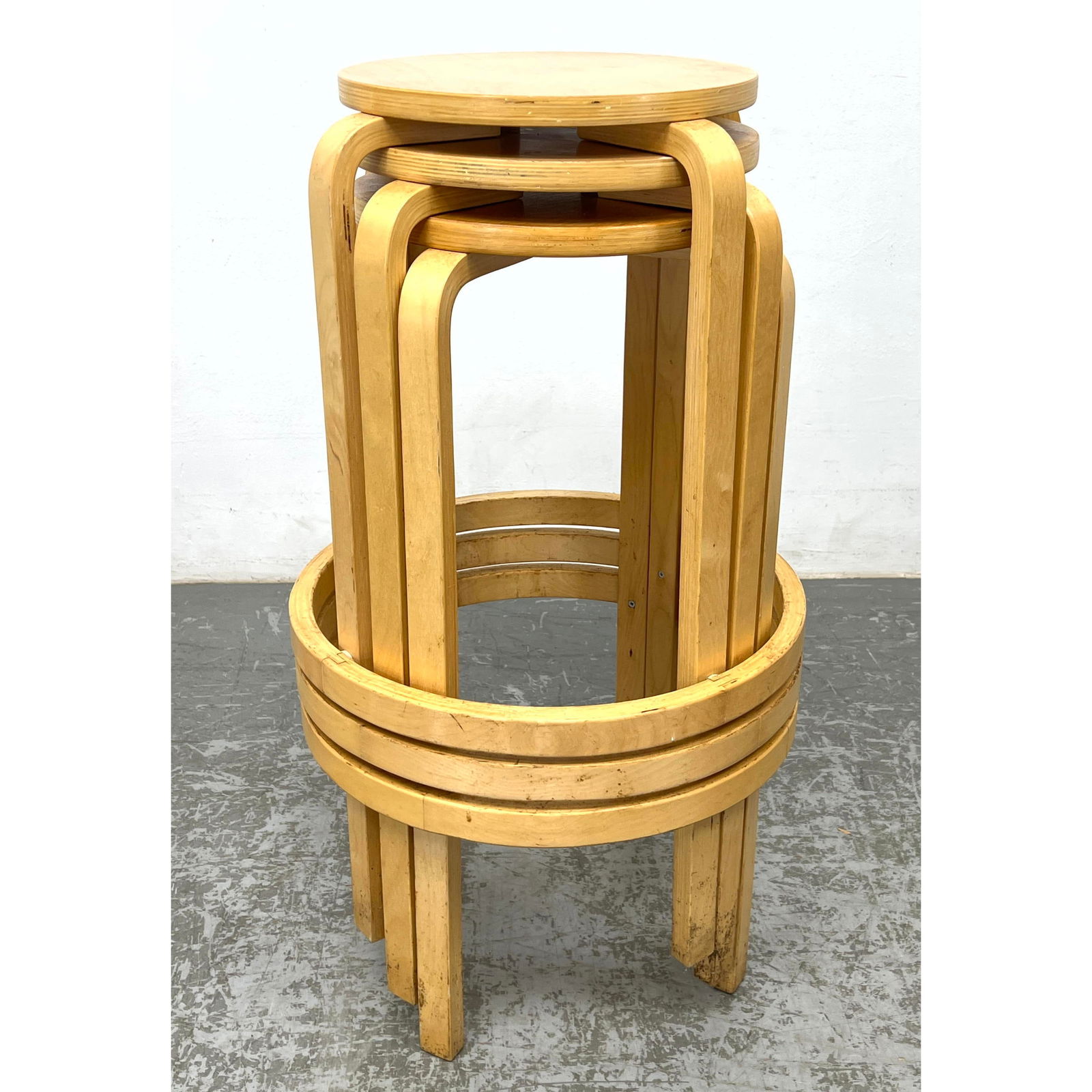 Set 3 Blond Wood Modernist Bar Stools. Alvar Aalto Style. Stacking Nesting design for Easy Storage a (1 of 11)