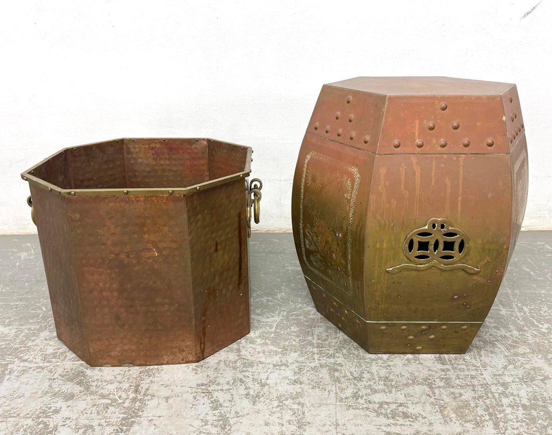 2pc 20th Century Items. Octagonal Brass Handled Planter. 2) Bowed Side Asian style Garden Seat Stool (1 of 9)