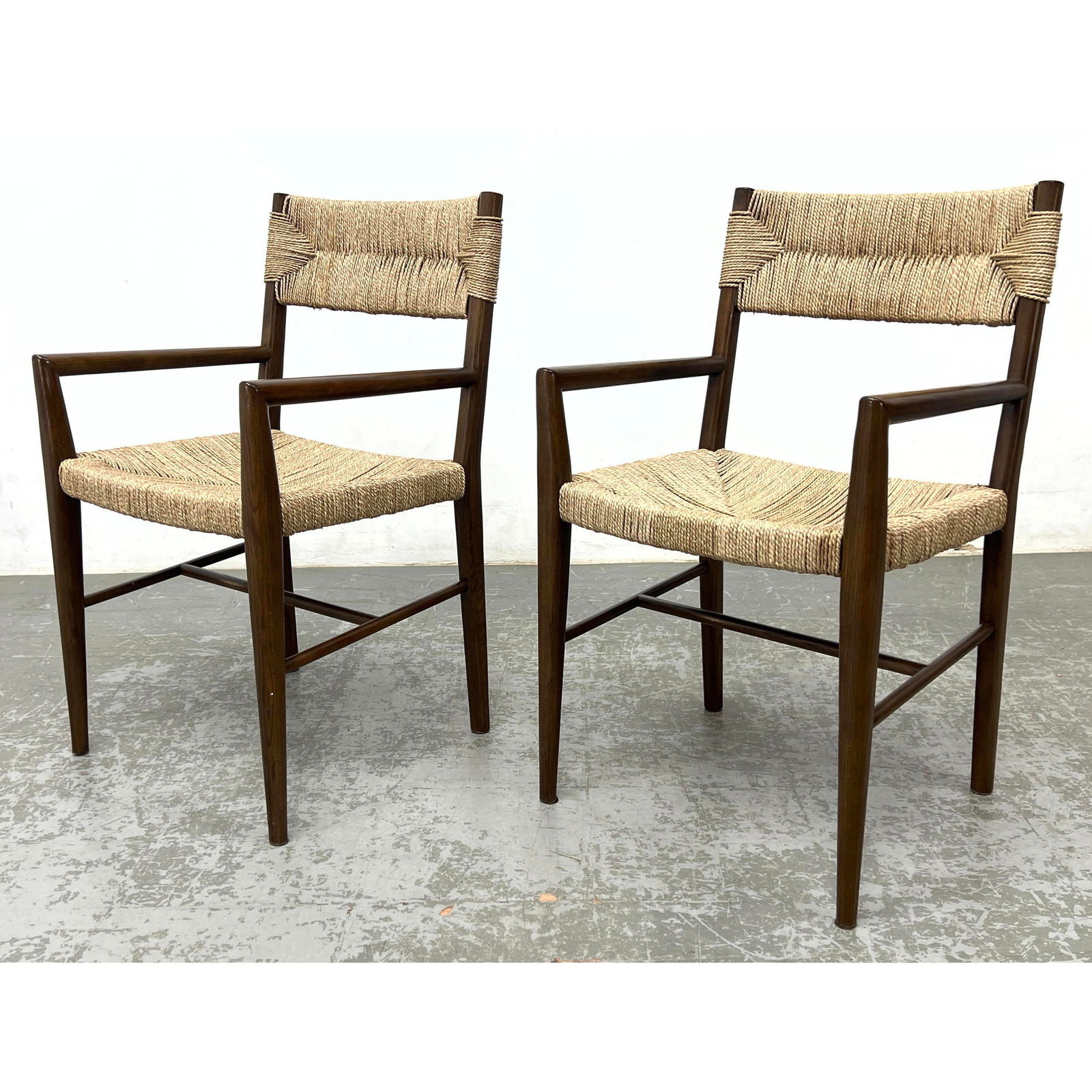Pr SERENA and LILY Twisted Rush Open Arm Dining Chairs. Elegant Wood Frames. Brass Tag. (1 of 10)