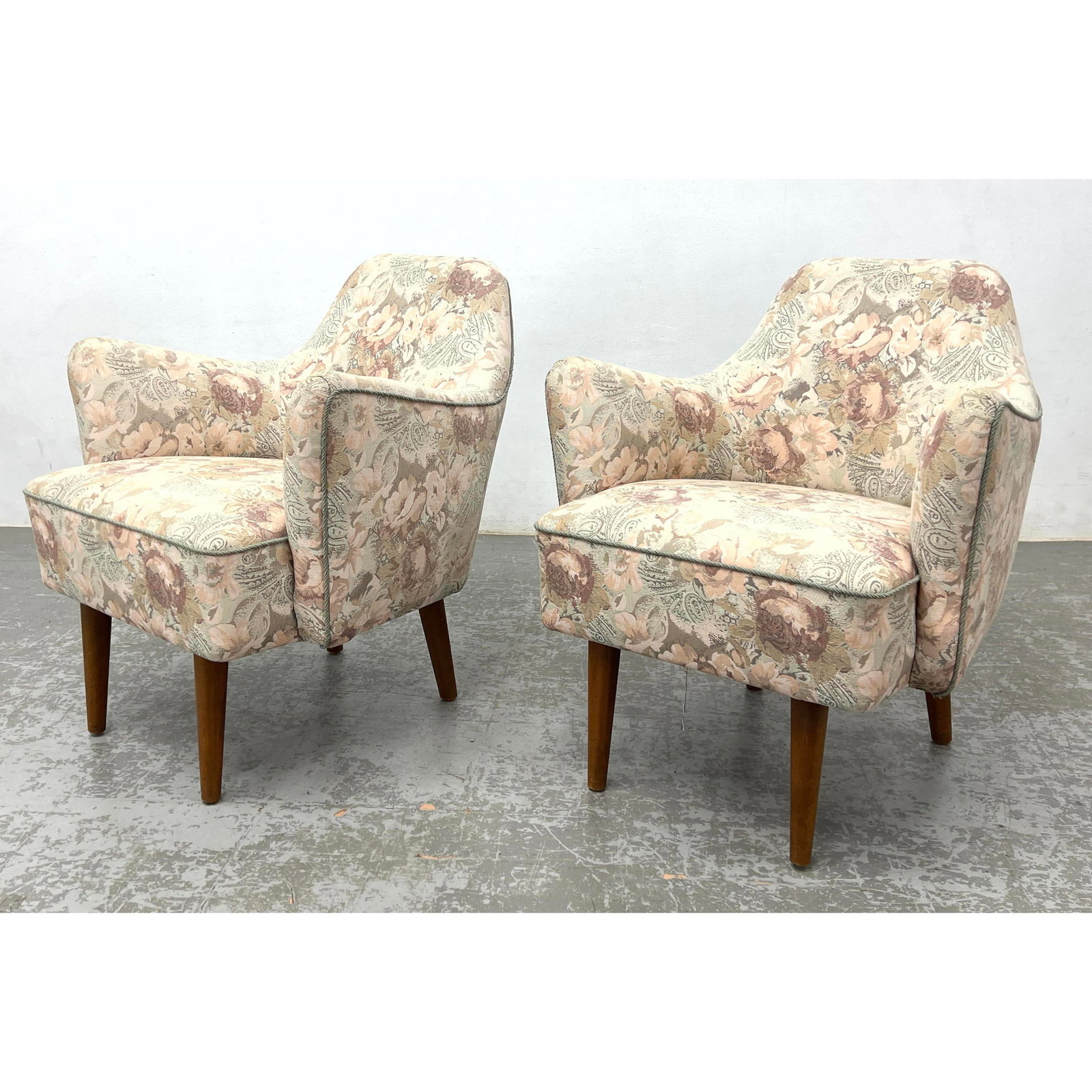 Pair Danish Modern Lounge Chairs with Tapered Legs.: Pair Danish Modern Lounge Chairs with Tapered Legs. Dimensions: Height: 31 inches, Width: 28 inches, Depth: 26 inches. - Seat Height: 17 inches --- - We offer curbside delivery for most items to NYC, 